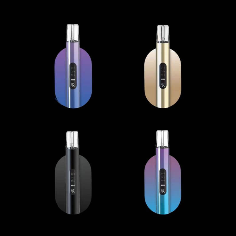 R-ONE PAIL LILAC DEVICE, R-ONE CHAMPAGNE GOLD DEVICE, R-ONE BLACK JADE DEVICE, and R-ONE PURPLE BLUE DEVICE on a black color background
